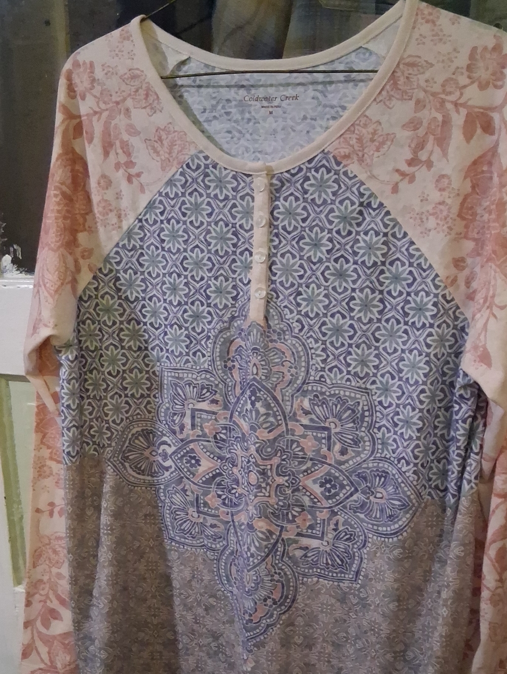 Coldwater Creek Women's Pink & Blue Printed Raglan Henley Top